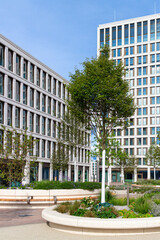 View of the public Europaplatz, Europa Square in the new city part Bahnstadt in Heidelberg, Germany