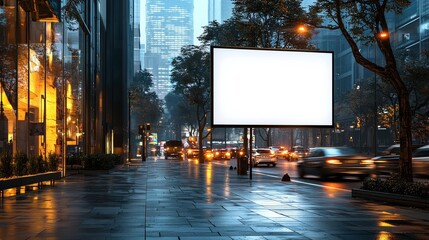 hyper realistic photo of  Blank advertising City Format billboard on sidewalk, evening traffic on street, urban marketing mockup, vehicles passing by, pedestrian path