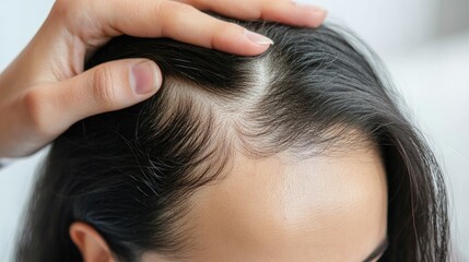 Naklejka premium Hand of a man touching the thinning scalp of a woman, showing balding areas on top of her head, with the image placed on a clean white background to highlight the issue.