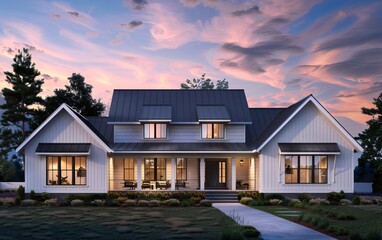 Exterior Modern Farmhouse at Dusk with Pink and Blue Sky