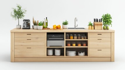 Wooden Kitchen Island with Appliances, Utensils, and Spices