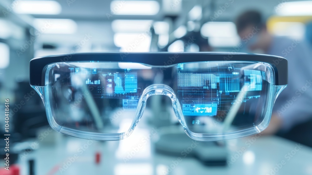 Poster Augmented reality glasses prototype in a research and development lab, innovative workspace with engineers testing new technology, Innovative style