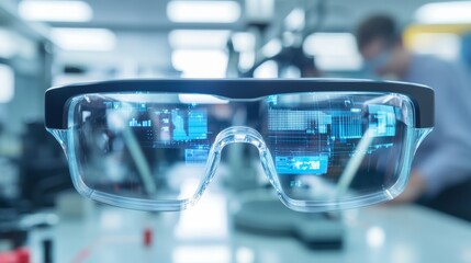 Augmented reality glasses prototype in a research and development lab, innovative workspace with engineers testing new technology, Innovative style