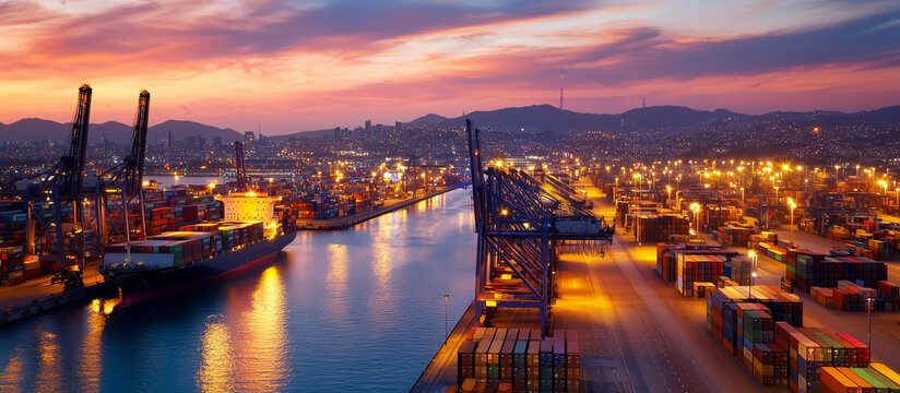 Logistics Operations at Container Port During Sunrise