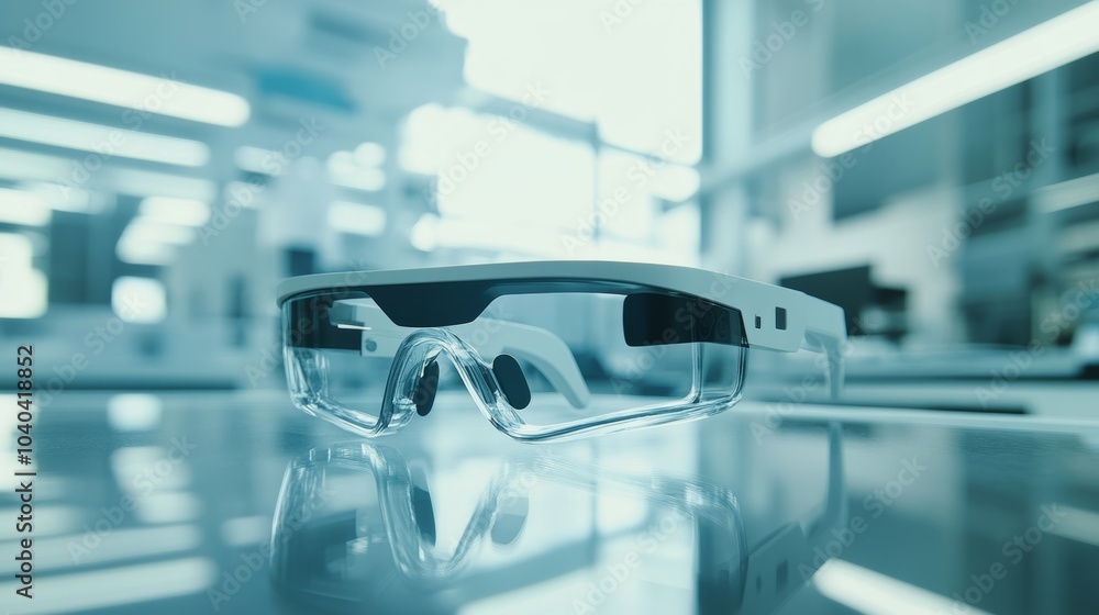 Poster augmented reality glasses prototype in a research and development lab, innovative workspace with eng