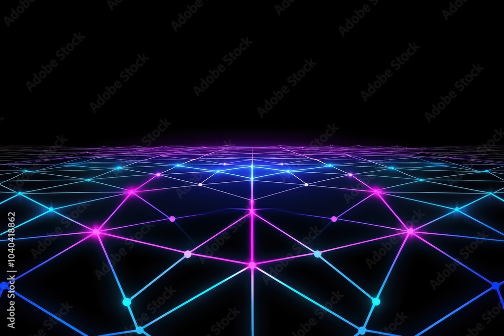 Poster abstract digital landscape with neon lines and geometric patterns on a dark background.
