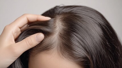 Man hand softly parting a woman hair to reveal balding patches and thinning areas on her scalp, depicted on a white background to emphasize the hair loss concept.