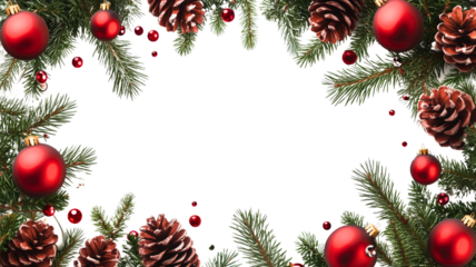 A festive Christmas frame made of pine branches, red ornaments, and pinecones, creating a holiday atmosphere.