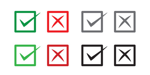 Check marks cross and right symbol on a white background, checkmark icon set, check mark tick sign and cross sign, flat symbol of test questions.