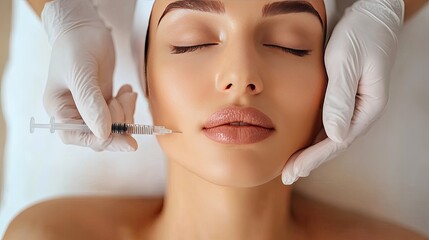 Overhead shot of an attractive woman receiving rejuvenating facial injections for lip enhancement, showcasing the delicate procedure in a bright, calming spa setting.