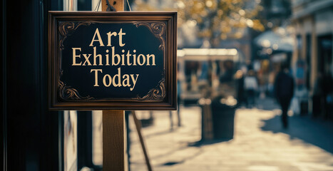 Outdoor sign indicating art exhibition, with blurred street background