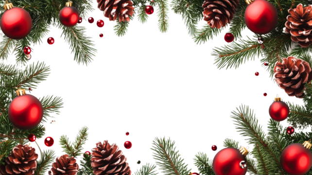 A festive Christmas frame made of pine branches, red ornaments, and pinecones, creating a holiday atmosphere.