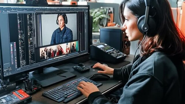 Video editor working on footage with professional computer setup