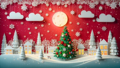 Christmas Card: Paper Crafts. A Festive Xmas Scene with Snowy Trees and Decorated Christmas Tree