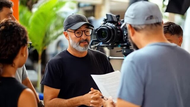 Film director explaining script during production meeting