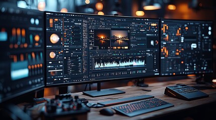 Advanced video editing suite with multiple monitors displaying graphic interfaces