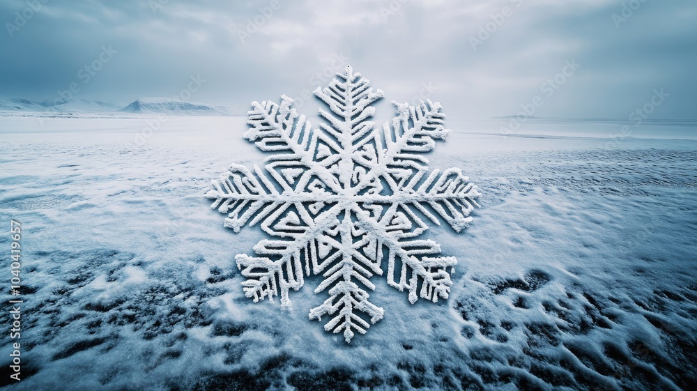Poster large intricate snowflake on snowy landscape with cloudy sky in background