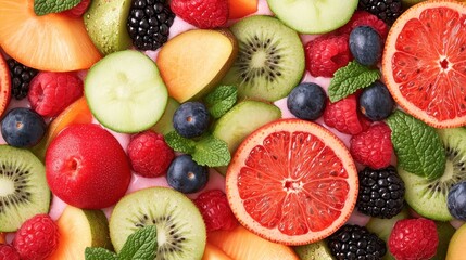 A vibrant assortment of fresh fruits, including berries, kiwi, citrus, and melon, arranged beautifully for a colorful presentation.