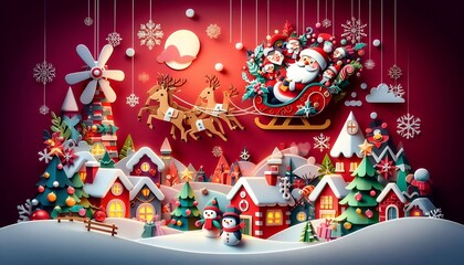 Christmas Card: Paper Crafts. Christmas scenery with Santa Claus and reindeer