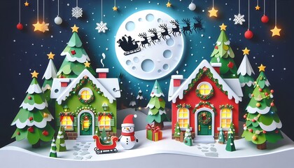 Christmas Card: Paper Crafts. Peaceful Christmas Night in a Snowy Village