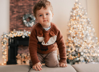 Funny child boy sitting near Christmas tree in living room. Concept of winter kids creativity and...
