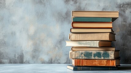 Stack of various aged books on table against weathered wall