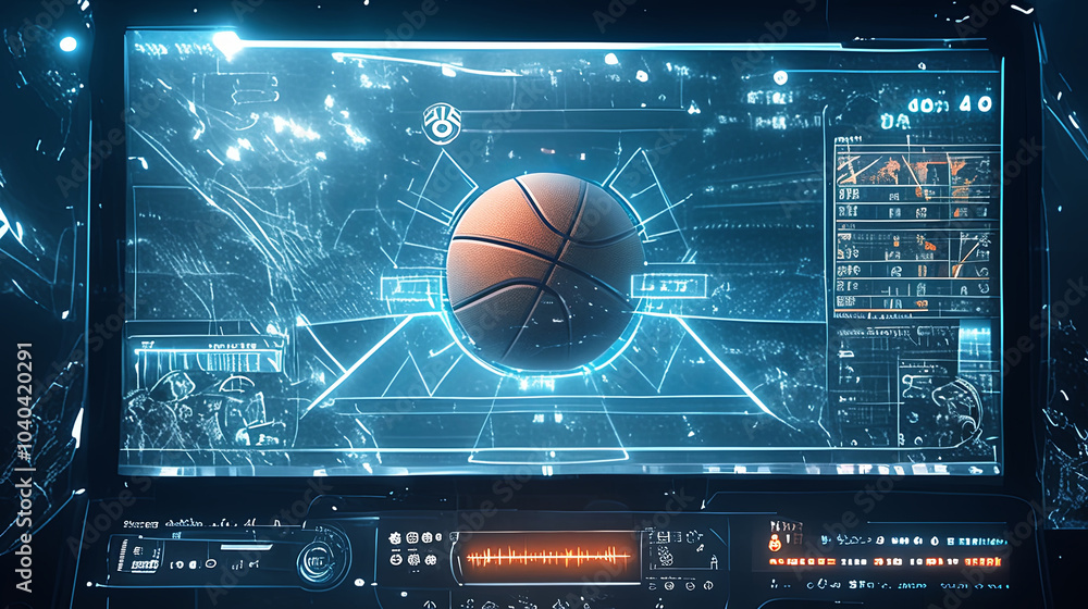 Poster futuristic digital interface with basketball and virtual graphics