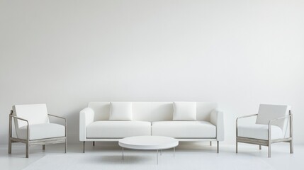 White Sofa, Armchairs, and Coffee Table in a Minimalist Living Room Setting