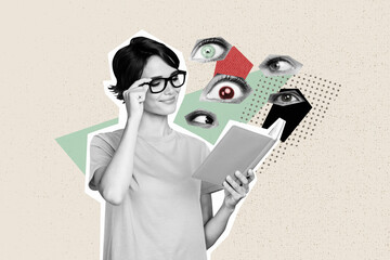Composite artwork vertical poster of young lady geek study education student stand hand hold read...