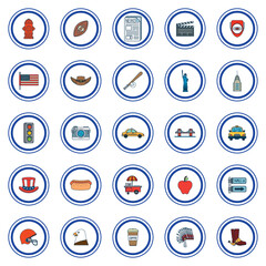 Set of vector icons of New York City on white background with border in blue lines