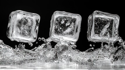Obraz premium Three ice cubes dive into water, creating splashes that shimmer in the light
