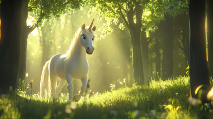 Fototapeta premium Majestic 3d cartoon unicorn in enchanted forest with shimmering mane - fairy tale fantasy scene for text insertion. Unicorn in the Woods. Illustration