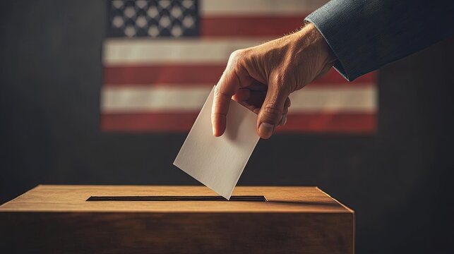 Voting hand placing a ballot into a box, American flag and voters in the background, representing the political divide between Republicans and Democrats in the 2024 U.S. election.