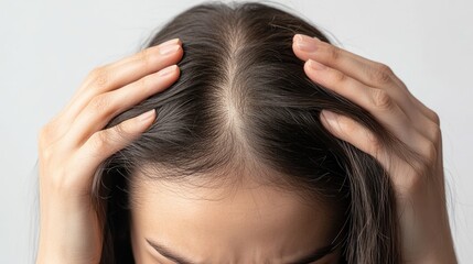 Naklejka premium Woman examining her thinning hair, with her hands placed on her scalp, exposing areas with reduced hair density, shown on a white backdrop, representing hair loss concerns.