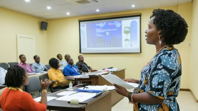 An African-American female professor gives a lecture in a university auditorium to a diverse group of students
