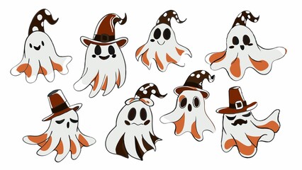 little ghosts in white and in a hat flying in a group, with colored patches, on a white background, applications for Halloween, Christmas, etc