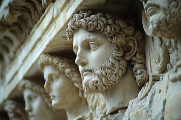 A detailed marble relief of classical sculptures, showcasing elegant faces and intricate hairstyles.