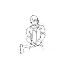 Dessin en ligne continue d'un homme tenant une hache, line art, vecteur