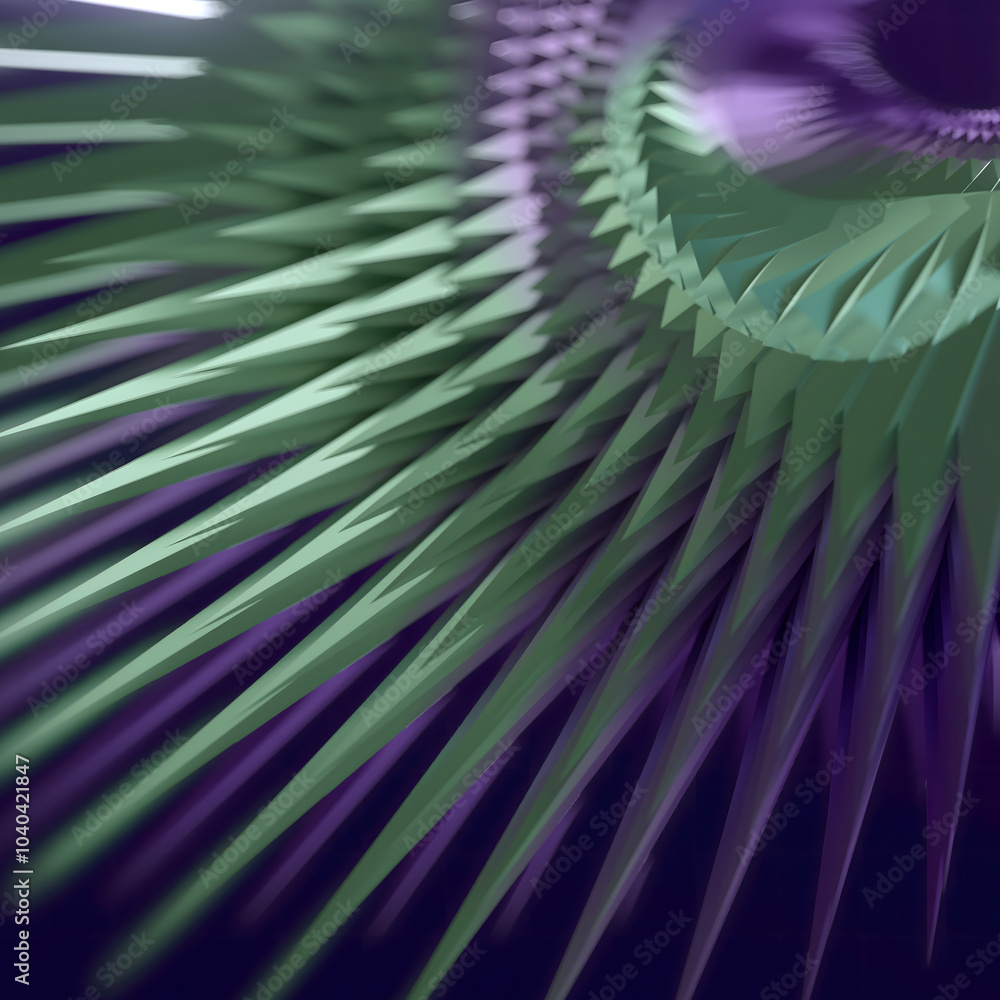 Poster digital illustration of an abstract shiny metallic figure resembling a spiral composed of many sharp