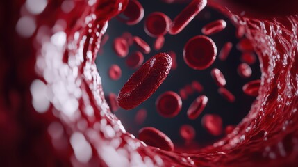 Close-up of red blood cells flowing through a blood vessel, illustrating human anatomy and biology.