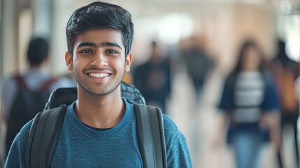 Young Indian student with a backpack smiling while standing in a busy university hallway, with classmates in the background out of focus, highlighting a dynamic academic setting.