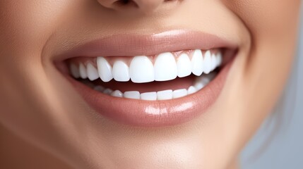 Fototapeta premium Close-up shot of a woman's bright smile, showcasing her perfect white teeth and healthy gums against a soft background.
