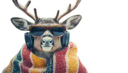 A stylish deer wears sunglasses and headphones while wrapped in a colorful blanket, showing a humorous and relaxed vibe.