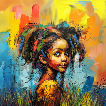 Illustration of a Jamaican young girl, drawing and brushstrokes of colour