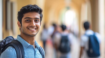 Young Indian student with a backpack smiling while standing in a busy university hallway, with classmates in the background out of focus, highlighting a dynamic academic setting.