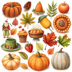 decorations, a set of items for the charity day holiday with a turkey and a pumpkin, on a white background