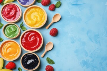 Colorful bowls of fruit puree with raspberries and mint on a light blue background.