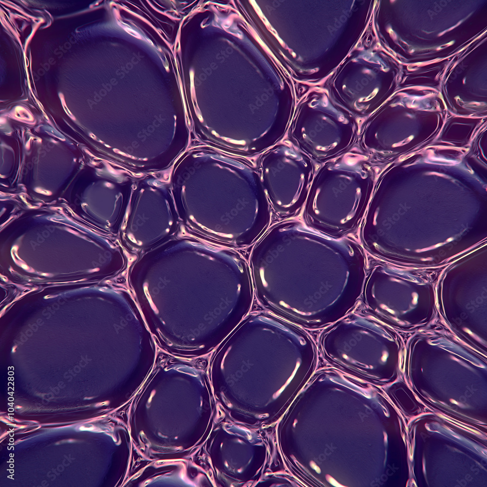 Poster Abstract digital background with shimmering purple bubbles. Illustration of intricate details and mesmerizing patterns of purple liquid. 3d rendering