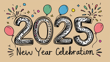 2025 New Year Celebration Doodle with Fireworks and Balloons Vector Illustration
