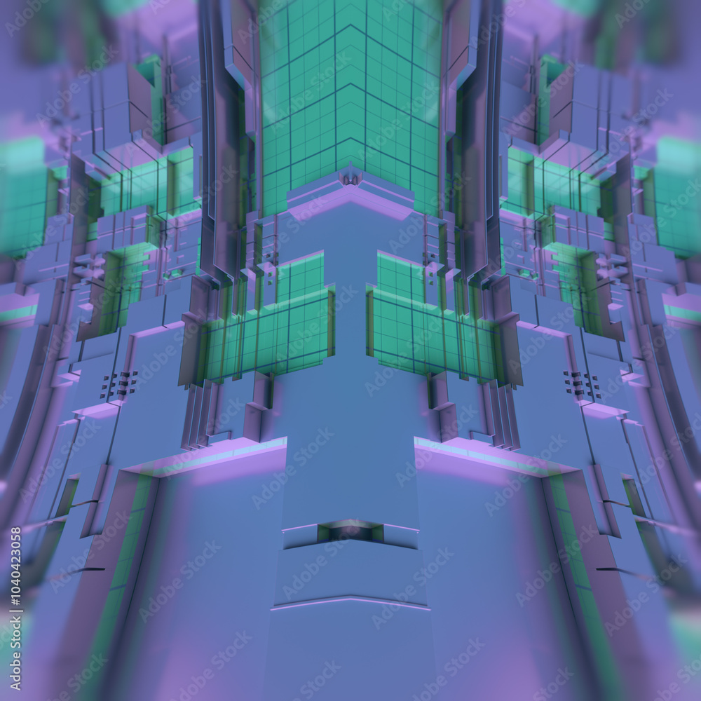 Fototapete Fantastic symmetrical composition depicting a fragment of a technological system, where strict shapes and geometric elements in neon colors create a sense of order and modernity. 3d rendering